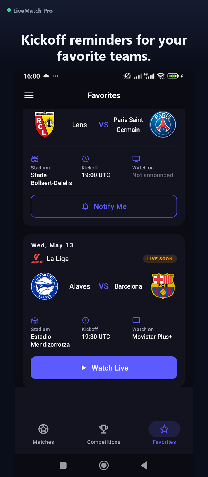 Favorite matches and teams